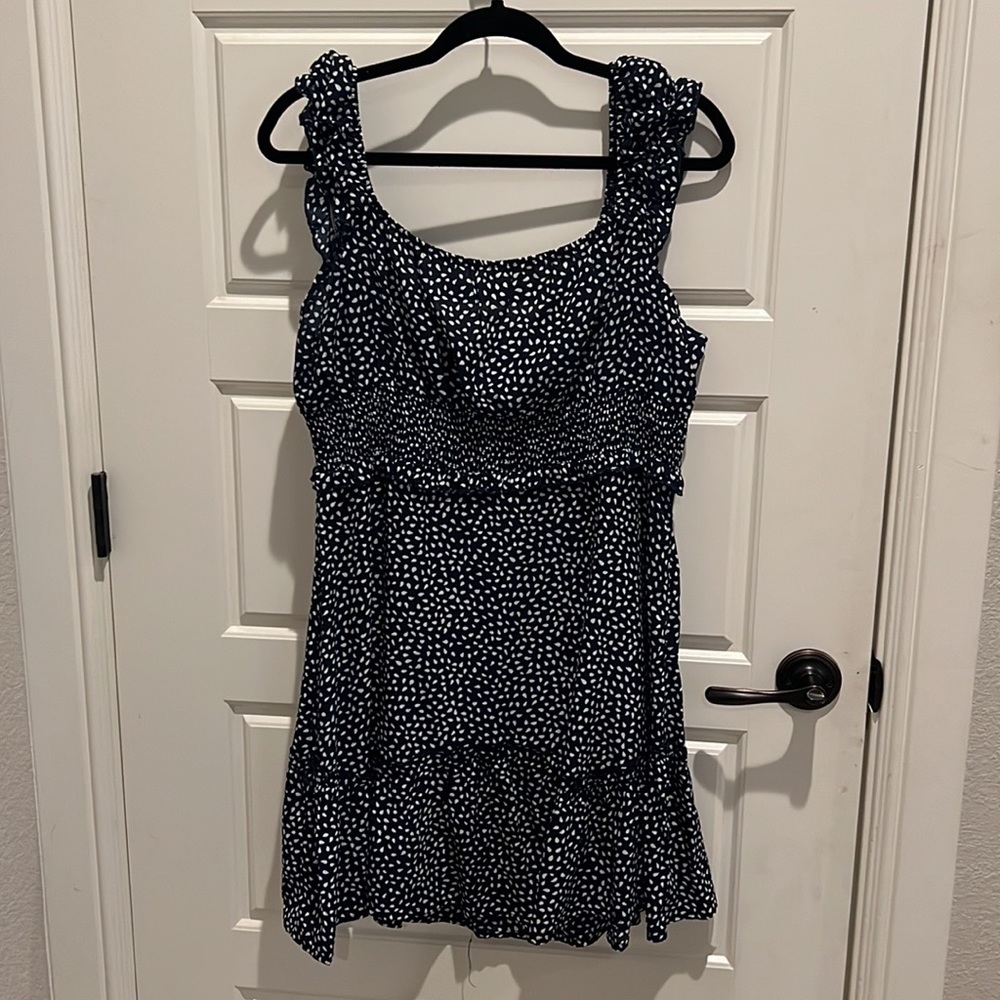 Blue dress with white polka dots